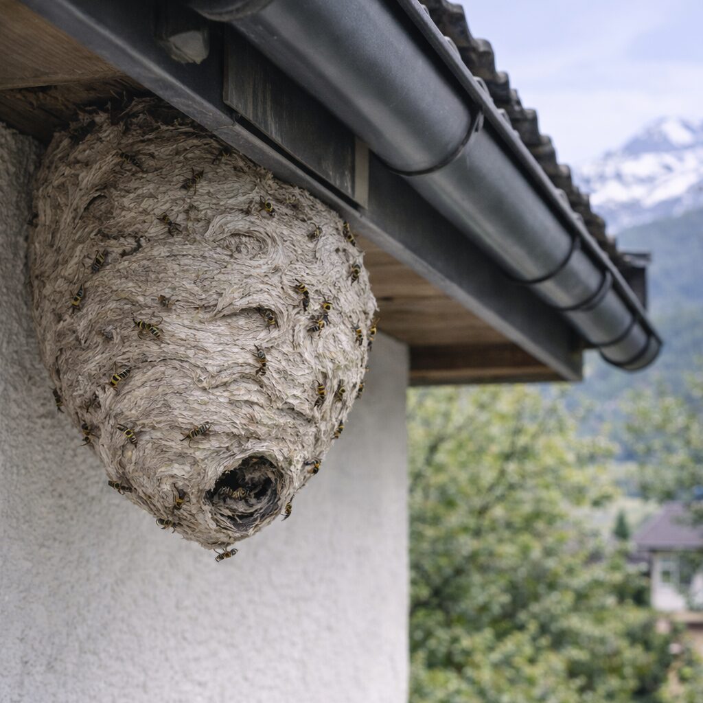 Grosses Wespennest unter dem Dachvorsprung vor dem Wespennest entfernen