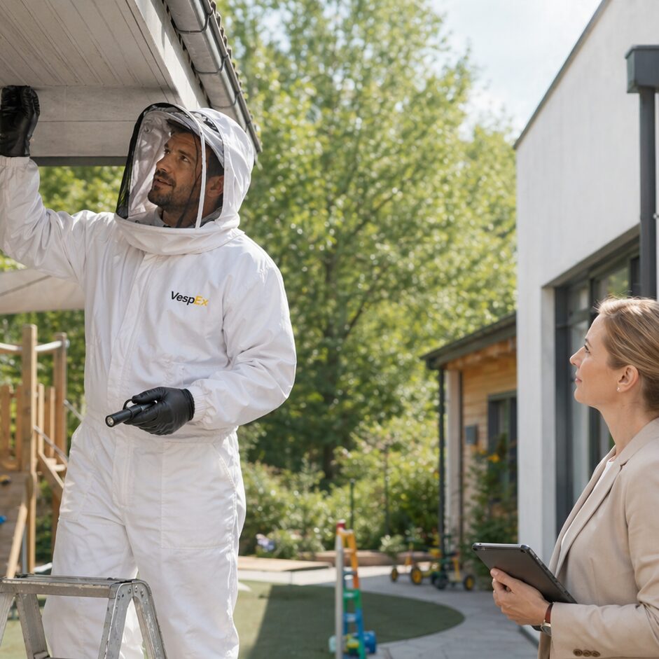 Schädlingsbekämpfer Wespennest entfernen Prüfung Aussenbereich Flugverkehr und Nester bei Wohnanlage