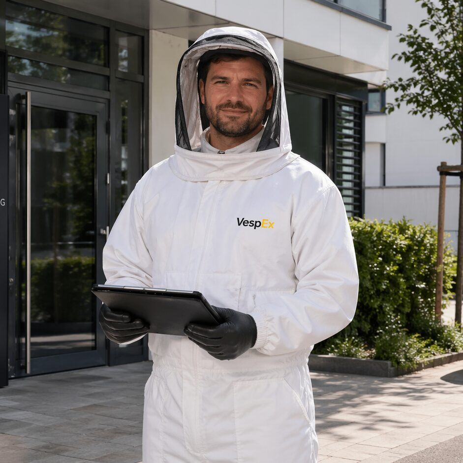 Schädlingsbekämpfer Wespennest entfernen professioneller Einsatz vor Wohnanlage mit Vertrauen