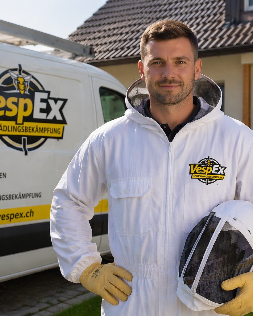 Schädlingsbekämpfer Wespennest entfernen Techniker vor Haus mit Schutzanzug