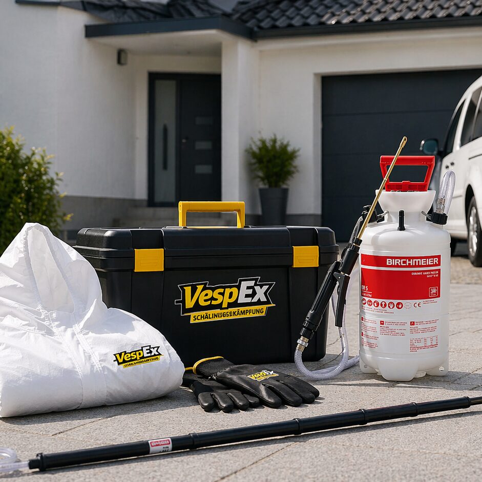 Schädlingsbekämpfer Wespennest entfernen Ausrüstung vor Haus bereitgestellt