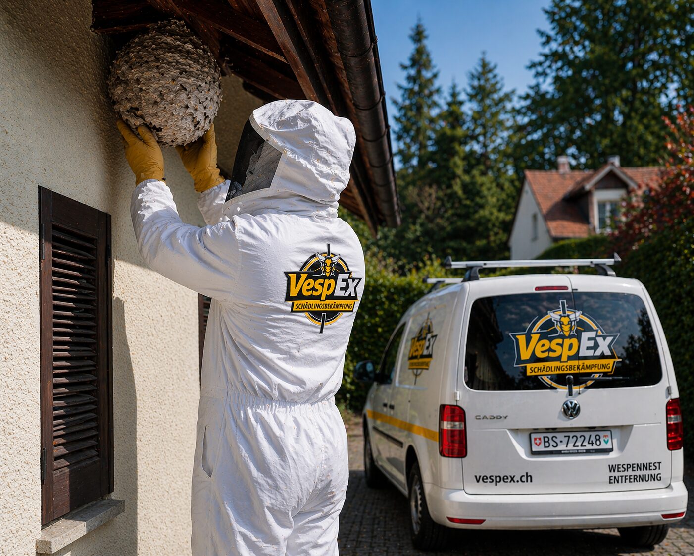 Wespennest entfernen durch Schädlingsbekämpfer am Hausdach