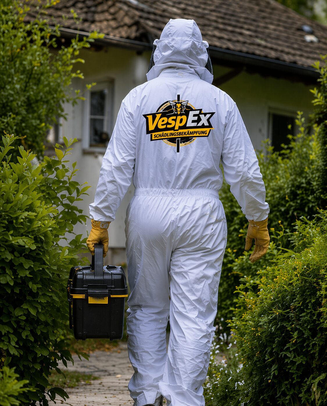 Schädlingsbekämpfer Wespen im Schutzanzug auf dem Weg zum Einsatz